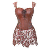 Women Steampunk Sexy Faux Leather Overbust Corset Dress Gothic Zipper Floral Lace Up Corset Bustier Lingerie Top Plus Size S-6XL