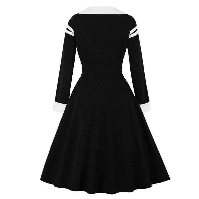 Long Sleeve Button Front Contrast Notched Neck Stripe Midi Elegant Black Swing Dress