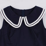 Navy Blue Contrast Striped Ribbon Elegant Cotton Sleeveless 50S Retro A Line Vintage Swing Dress