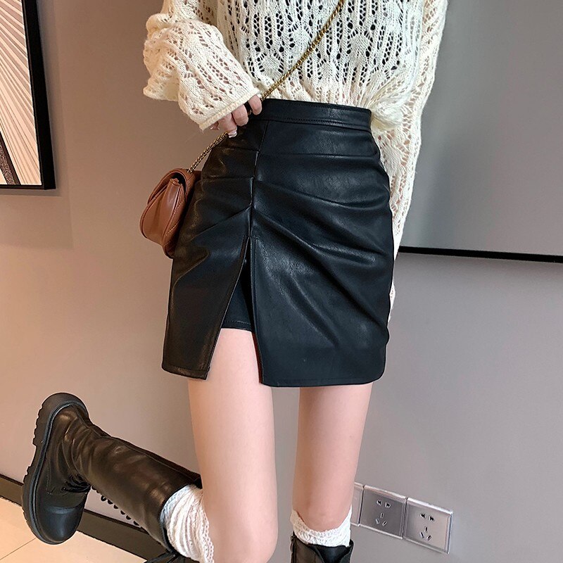 Ladies A-line Mini Skirts Spring Korean Style PU Leather All-match Furcal Women High Waist Short Skirt