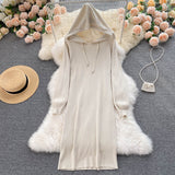 Autumn Winter Warm Hooded Long Sleeve Loose Casual Sweater Dress Ribbed Knitted Elegant Midi Dress