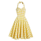 Vacation Women Summer Dress Sexy Backless Party Halter Neck Yellow Plaid 50s Vintage High Waist Ladies Swing Dresses