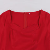 Red Elegant High Waist Women Long Tunic Dress Short Sleeve 50s Vintage Party Clothes Ladies A Line Cotton Retro Dresses