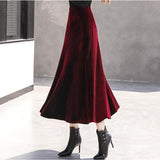 Velvet Long Women Korean Style Red Black Maxi Skirt Autumn Winter High Waist Skirt