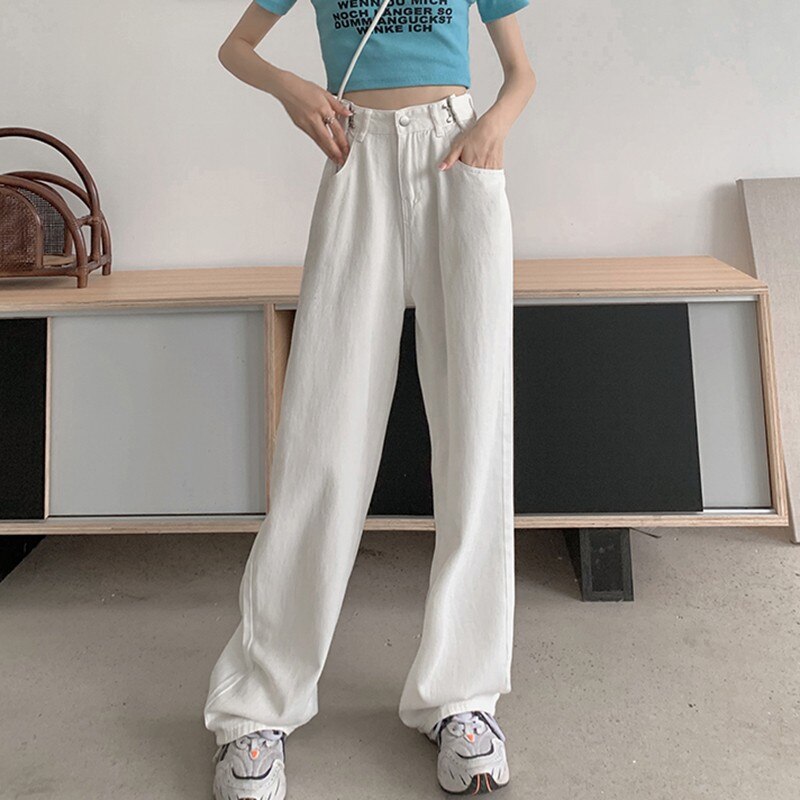 Women High Waist Casual Denim Pants Korean Style Solid Color All-match Loose Straight Trousers