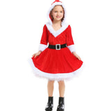 Kids Girls Red Velvet Santa Claus Hoodies Dress with Belt Christmas Cosplay Costume New Year Child Xmas Party Fancy Dress