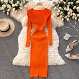 Women Elegant Long Sleeve Ribbed Sweater Dress With Belt Button Front Slit Sexy Knitted Bodycon Midi Dress