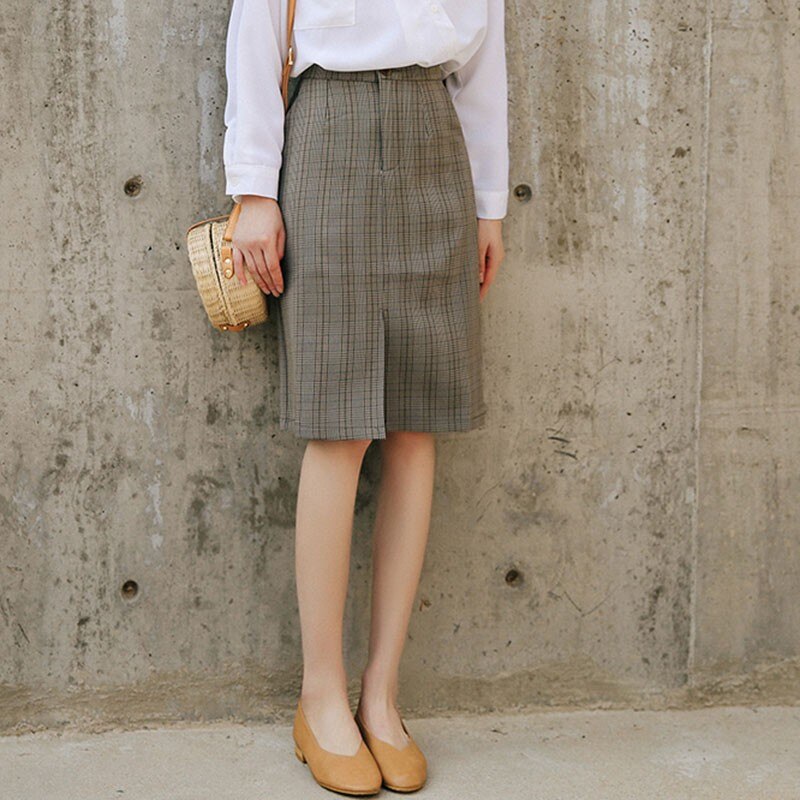 Office Lady Elegant Pencil Skirts Korean Style Vintage Plaid Knee-length Women High Waist Pencil Skirt