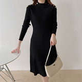 High Neck Long Sleeve Casual Midi Sweater Dress Fall Winter Elegant Button Ribbed Knitted Dress