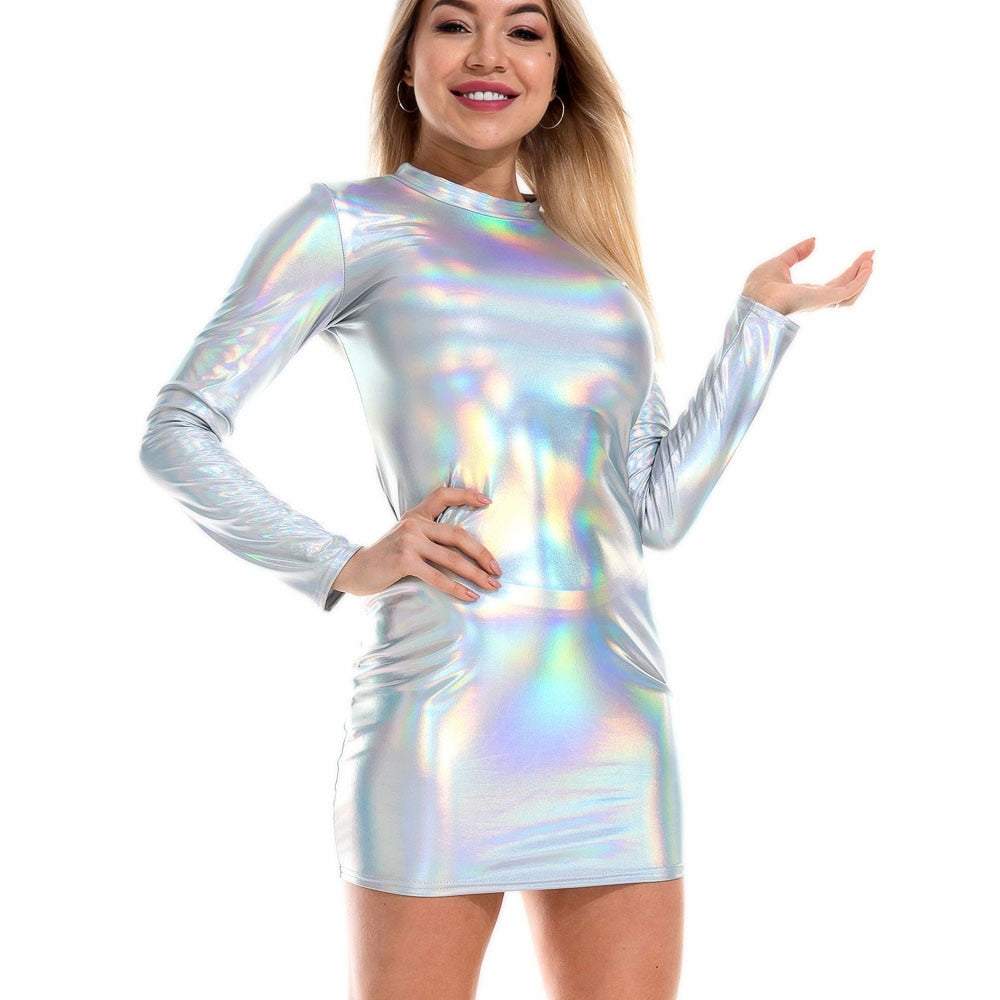 Reflective Holographic Summer Turtleneck Long Sleeve Mini Bodycon Dress Sexy Metallic Club Dress Rave Outfits