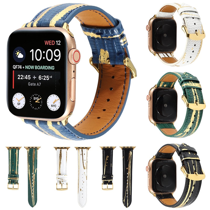 Bronzing Genuine Leather Strap for Apple Watch Band SE 6 5 40mm 44mm Bracelet for iWatch series 6 4 3 38mm 42mm Belt Watchbands