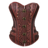 Steampunk Floral Corset Dress Women Gothic PU Leather Corset Bustier With Burlesque Skirt Set Halloween Pirate Costume Brown