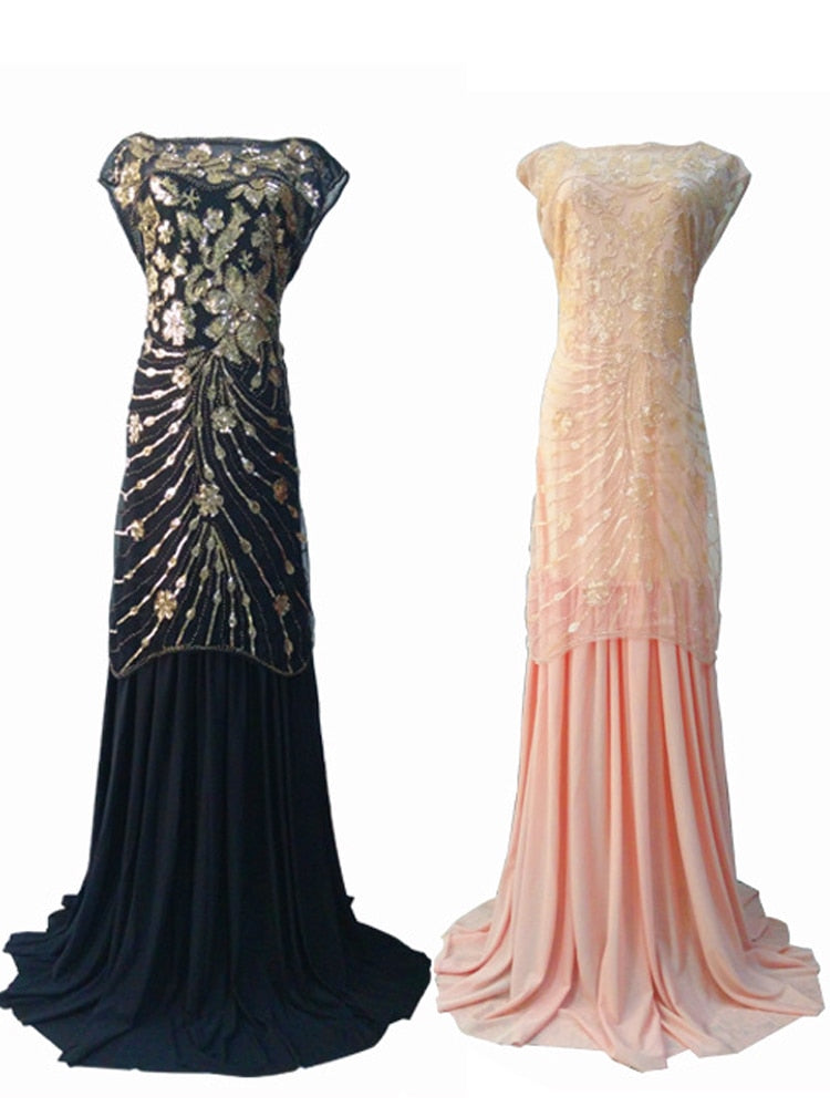 New 1920S Sequined Evening Dress Hand beads Floor length Party Dress Cap Sleeve Tulle Mermaid Formal Dress Black Gold Pink Gown