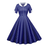 Button Front Polka Dot Vintage High Waist Runway Midi Tunic Dress Women V Neck Short Sleeve Casual Retro Swing Dresses