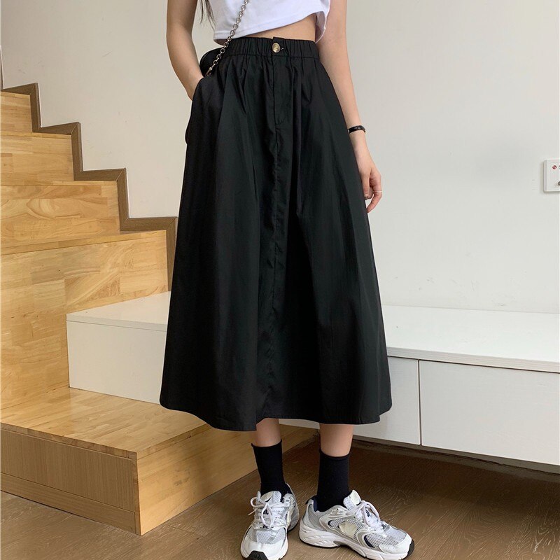 Women High Waist Casual Skirts Korean Style Streetwear Solid Color Loose Ladies A-line Long Skirt