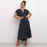 New Dot Butterfly Sleeve Summer V-neck Lace Up Mid-calf Dress