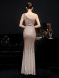 Elegant One Shoulder Slit Gold Sequin Evening Dress