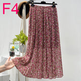 Summer New Vintage Floral Print Chiffon Pleated Skirt Elastic High Waist Casual Midi Skirt