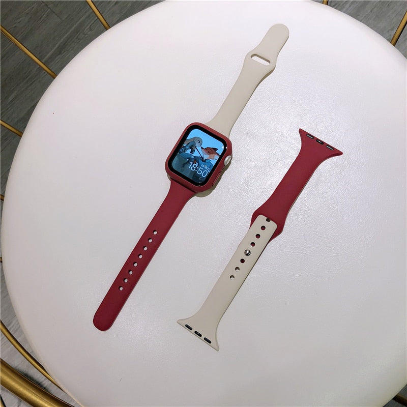 Slim silicone strap +Case For Apple Watch band 44mm 40mm 42mm 38mm Protector Cover belt correa bracelet Iwatch Series 6 5 4 3 SE