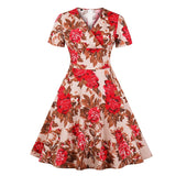 V-Neck High Waist Vintage Floral Pinup Women Midi Dress Cotton Fabric Short Sleeve A-Line Retro Style Summer Tunic Dresses