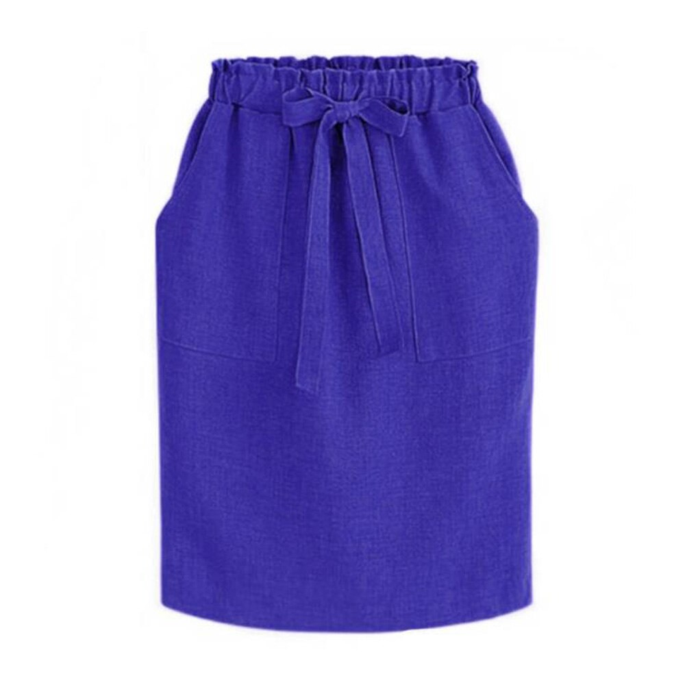 Women Elastic High Waist Pocket Skirt Cotton Linen Bodycon Skirts