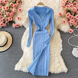 Winter Lapel Collared V Neck Ribbed Knitted Midi Dress Elegant Long Sleeve Side Slit Sexy Bodycon Dress