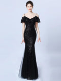 Camisole Evening dress Lotus leaf Formal Dress For Women Long Robe De Soriee Sequins Prom Mermaid Party Dress