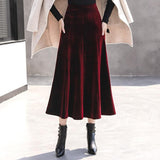 Velvet Long Women Korean Style Red Black Maxi Skirt Autumn Winter High Waist Skirt