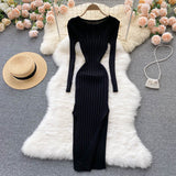 Autumn Winter Midi Dress Women O-Neck Long Sleeve Ribbed Knitted Dress Side Slit Night Club Party Sexy Bodycon Dress