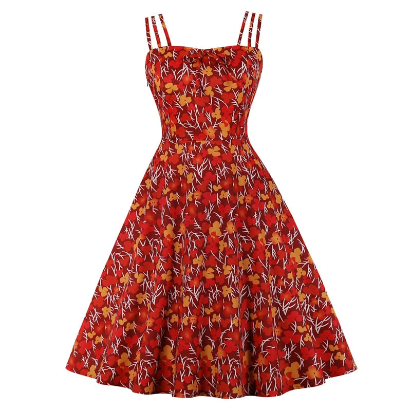 Multicolor Floral Print Tie Front Spaghetti Strap Swing High Waist Vintage Fit and Flare Dress
