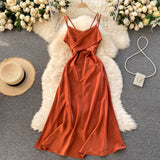 Women Party Vintage Elegant Belted Midi Dress V Neck Sleeveless Spaghetti Strap Sexy Satin Dress