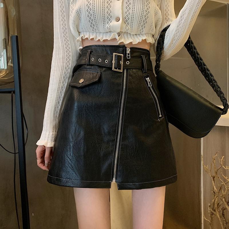 Women High Waist Mini Skirts Korean Style Streetwear All-match PU Leather Ladies Elegant A-line Short Skirt