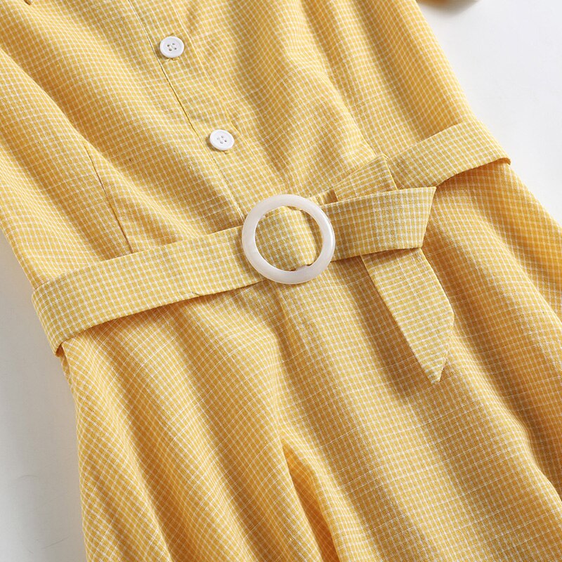 Solid Turn-Down Collar Buttons Yellow Vintage 50s Plaid Midi Shirt Dresses for Women Elegant Summer Belted Retro Clothes