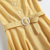 Solid Turn-Down Collar Buttons Yellow Vintage 50s Plaid Midi Shirt Dresses for Women Elegant Summer Belted Retro Clothes