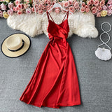 Women Party Vintage Elegant Belted Midi Dress V Neck Sleeveless Spaghetti Strap Sexy Satin Dress