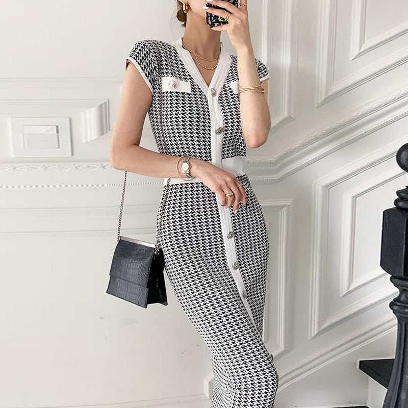 Elegant Office Button Bodycon Midi Dress Summer Short Sleeve V Neck Houndstooth Knitted Dress
