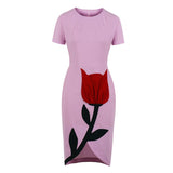 Floral Elegant Bodycon Pencil Short Sleeve High Waist Asymmetric Hem Vintage Summer Dress