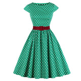 Green Retro Polka Dot 1950s Rockabilly Pleated Belted Cap Sleeve Summer Women High Waist Vintage Dress