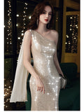 One Shoulder Sleeveless Shinning Evening Dress Mermaid Sequins Champagne Elegant Floor Length Full Gowns