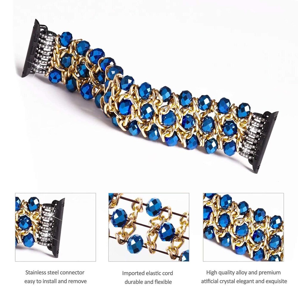 Blue Crystal Strap for Apple Watch Bracelet 38mm 40mm 42mm 44mm Beads Iwatch SE 6 5 4 3 Band with Metal Chain Women Girl Elastic