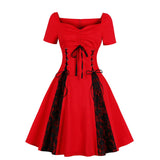 Gothic Women Lace Party Dress With Bow Red Black Retro Vintage Streetwear 50s 60s Swing Patchwork Casual Rockabilly Dresses