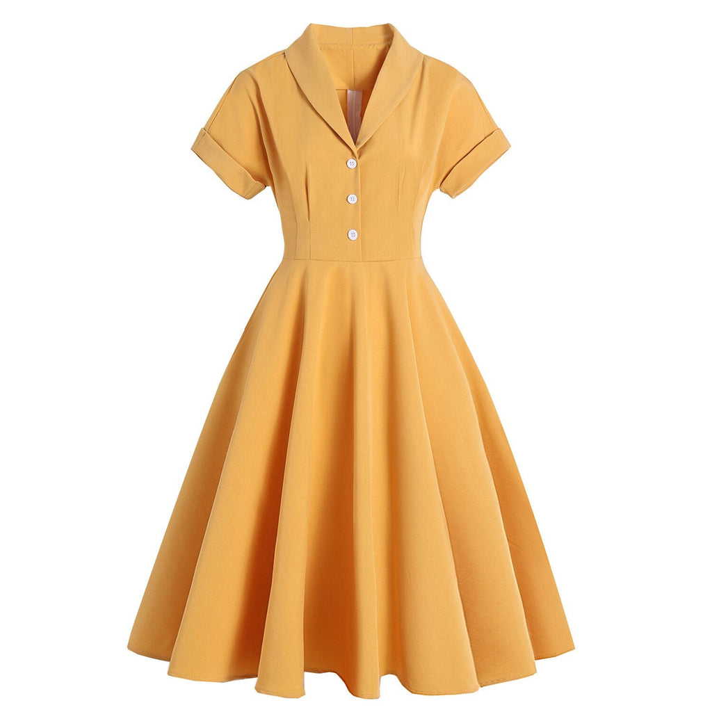 Short Sleeve Summer Women Casual Dress Turn Down Collar Solid Color Yellow Big Swing Rockabilly Vintage Party Dresses 50s