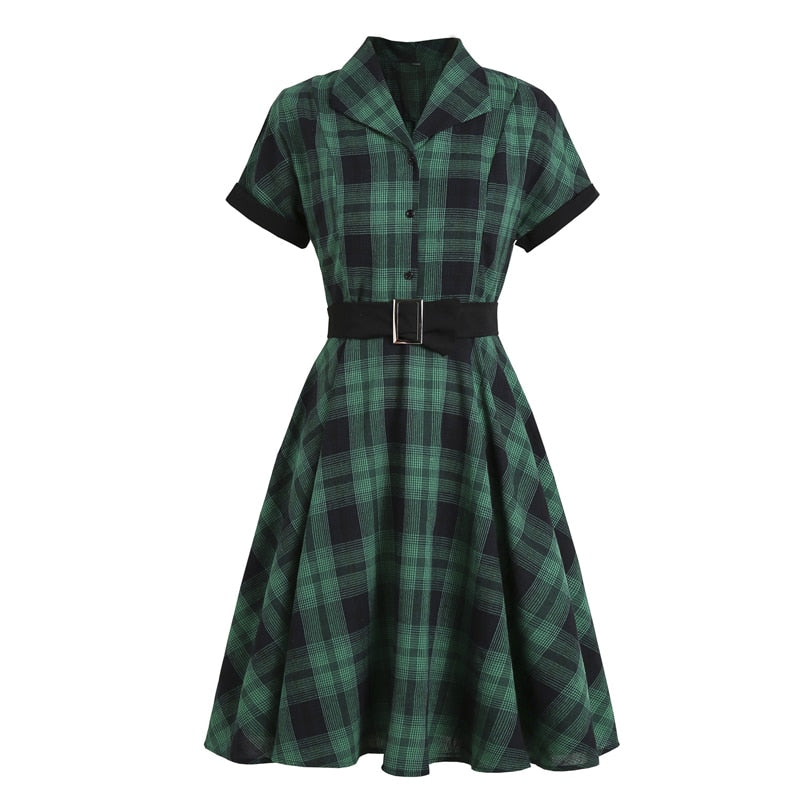England 50s Style Vintage Green Plaid Pinup Swing Dresses for Women Button Up Short Sleeve Belted Elegant A Line Retro Dress