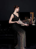 V Neck Sleeveless Mermaid Party Dress Sequins Backless Women Prom Gowns Floor Length Long Evening Robes