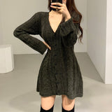 V Neck Button Up Cardigan Sweater Dress Long Sleeve Dress Women Winter Casual Twist Knitted Mini Short Dress