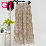 Summer New Vintage Floral Print Chiffon Pleated Skirt Elastic High Waist Casual Midi Skirt