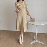 Fashion V Neck Puff Sleeve Knitted Dress Chic Autumn Winter Button Elegant Casual Midi Dress