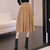 Autumn Winter Corduroy Pleated Women High Waist Large Swing A-Line Elegant Button Long Skirt