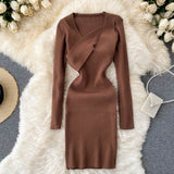Women Asymmetric Neck Mini Dress Long Sleeve Autumn Winter Knitted Dress Night Club Sexy Bodycon Dress