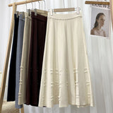 Women Winter Elastic High Waist Pleated Midi Skirt Frayed A Line Elegant Solid Knitted Skirts